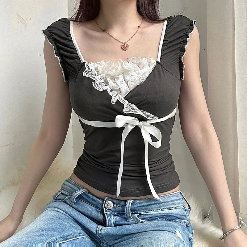 Vintage Y2K Aesthetic Ruched Sweet Women T-shirts Korean Lace Patched Slim Tie-Up Bow Crop Top Tee Girls Cute Outfits