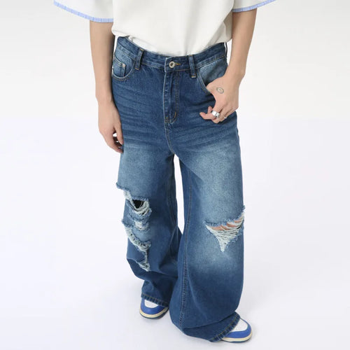 Load image into Gallery viewer, Personality Male Straight Jeans Hole Worn-out Loose Wide Leg Denim Pants Washed Casual Men&#39;s Trousers Summer 9C6281
