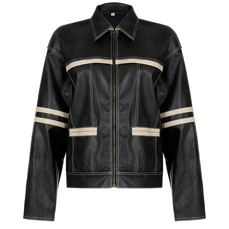 Streetwear Loose Stripe Stitched Leather Jacket Female Autumn Winter Zip Up Coat Vintage Motorcycle Jackets Outwear