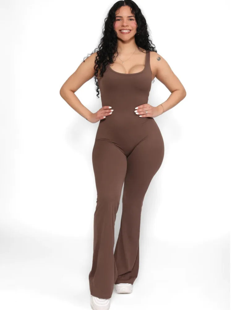Sleeveless Elastic Slim Fit Jumpsuit Women Open Back Hollow Tight Flare Pants Casual Fitness Jumpsuit Female Rompers