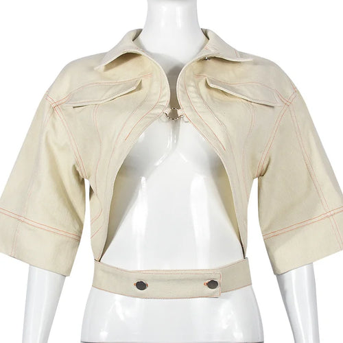 Load image into Gallery viewer, Small Personality Woman Jacker Button Metal Ring Autumn Cardigan Outdoor Street Fashion Half-Sleeved Lapel Short Coat
