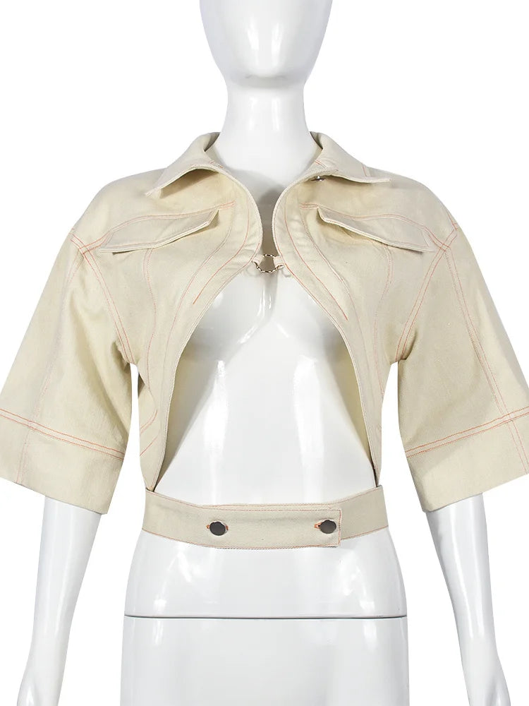 Small Personality Woman Jacker Button Metal Ring Autumn Cardigan Outdoor Street Fashion Half-Sleeved Lapel Short Coat