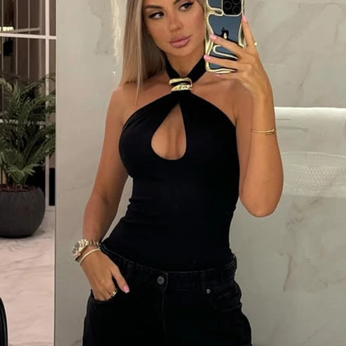 Load image into Gallery viewer, Halter Hollow Out Sexy Crop Tops Pullovers Women Vest Summer New Ring Metal Off-shoulder Tank Tops Female Skinny Top
