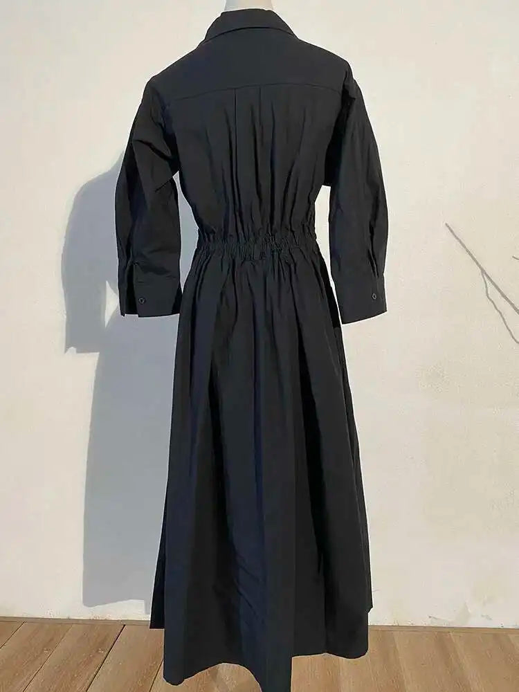 Women Beige Pleated Long Big Size Elegant Dress New Lapel Long Sleeve Loose Fit Fashion Tide Spring Autumn 2025 1DE91400