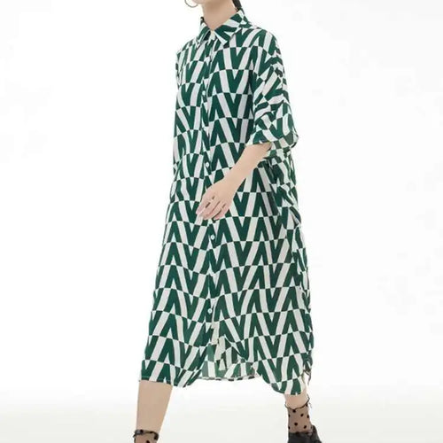 Load image into Gallery viewer, Women Black Pattern Printed Big Size Long Shirt Dress New Lapel Half Sleeve Loose Fit Fashion Spring Summer 2025 1DE9944
