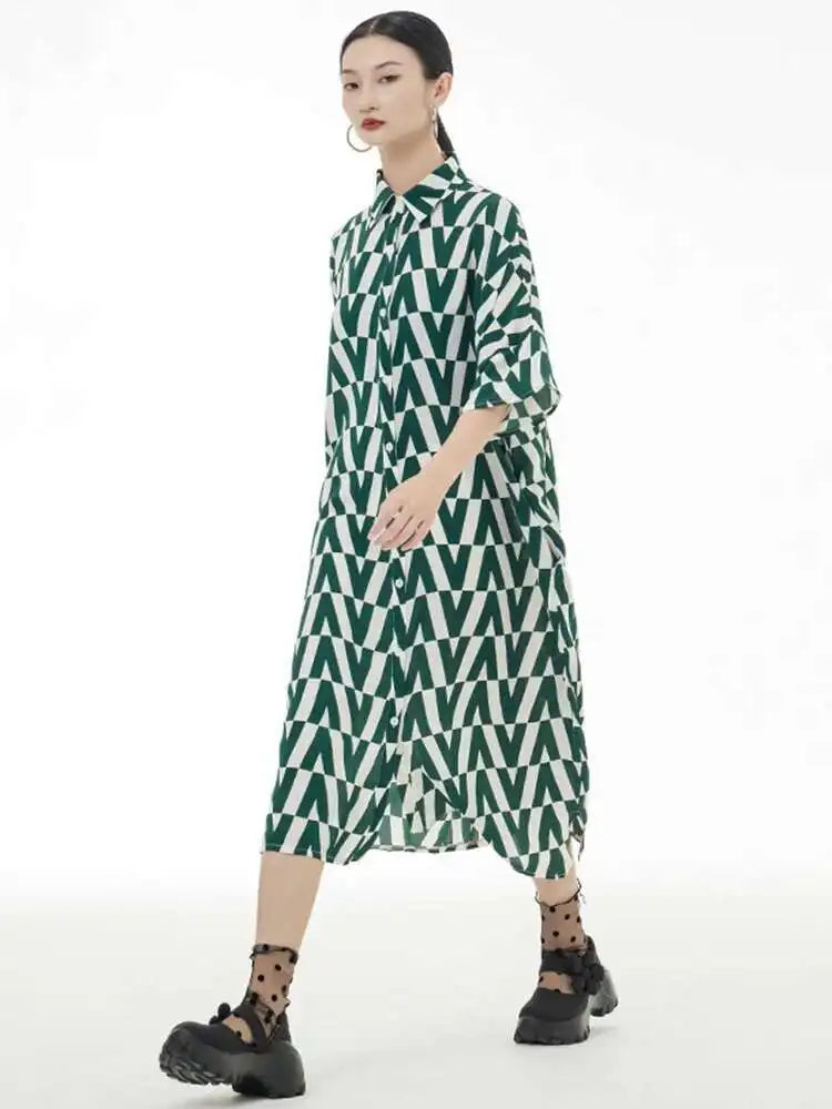 Women Black Pattern Printed Big Size Long Shirt Dress New Lapel Half Sleeve Loose Fit Fashion Spring Summer 2025 1DE9944