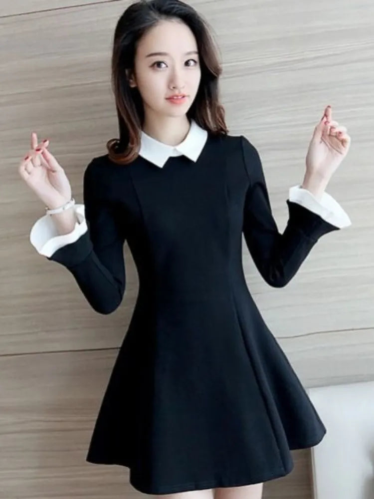 Vintage School Student Black Dress Women Korean Style Kpop Fashion Short Dresses Party Long Sleeve Spring Fashion