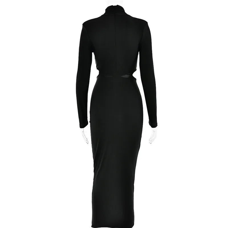 Elegant Hollow Out Sexy Maxi Dress For Women Autumn Winter New Turtleneck Long Sleeve Bodycon Club Party Evening Dress