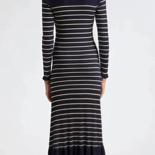 Load image into Gallery viewer, Retro Women Black Beige Striped Single Breasted Slim Knit Dress Autumn Winter Long Sleeve V Neck Elegant Office Ruffles Dresses
