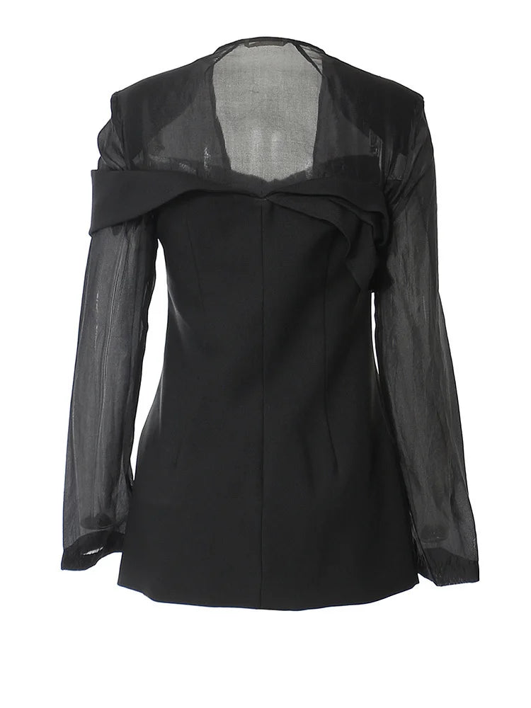 Women Black Mesh Perspective Elegant Blazer New Square Collar Long Sleeve Jacket Fashion Tide Spring Autumn 2025 1DH3990