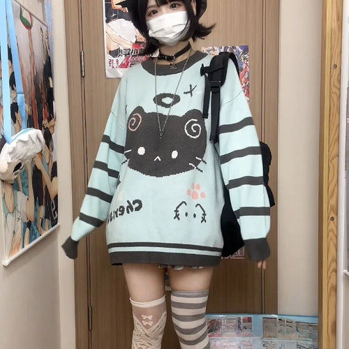 Load image into Gallery viewer, Japanese Contrast Color Striped Cartoon Cat Sweater Women Y2k Harajuku Casual Cute Kawaii Jumper Aesthetic Sweet Loose Pullovers
