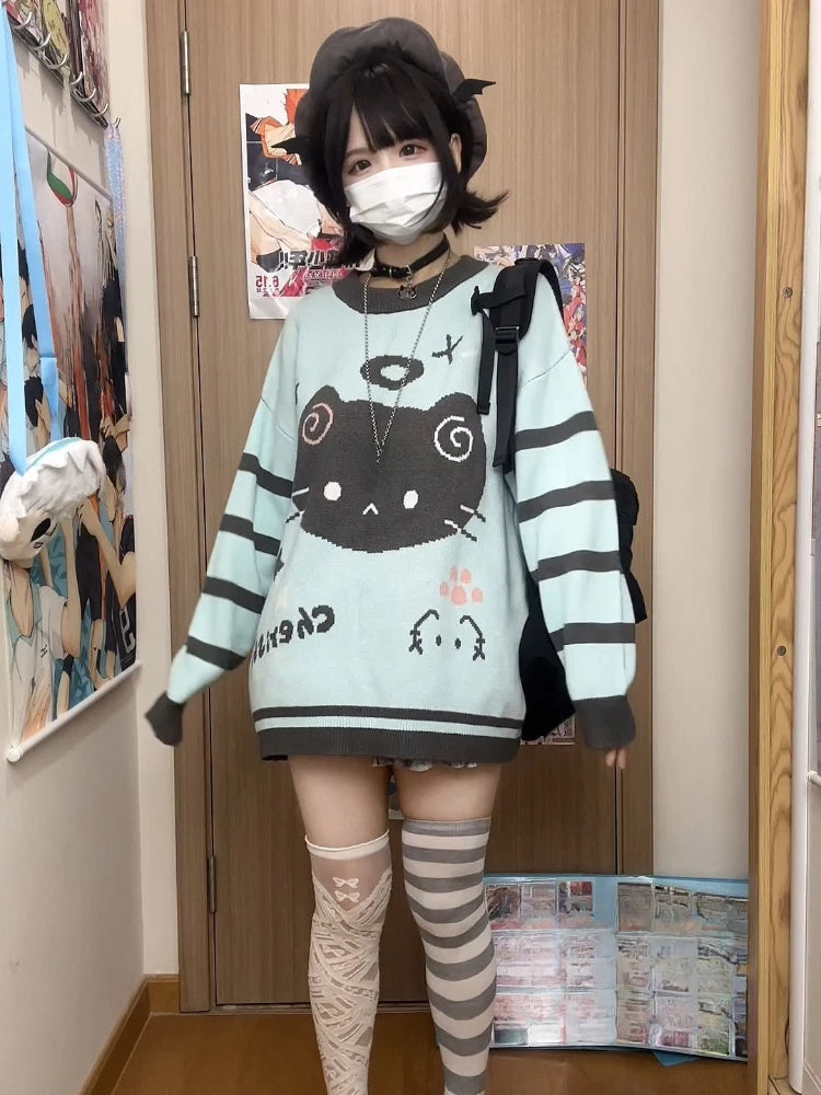 Japanese Contrast Color Striped Cartoon Cat Sweater Women Y2k Harajuku Casual Cute Kawaii Jumper Aesthetic Sweet Loose Pullovers