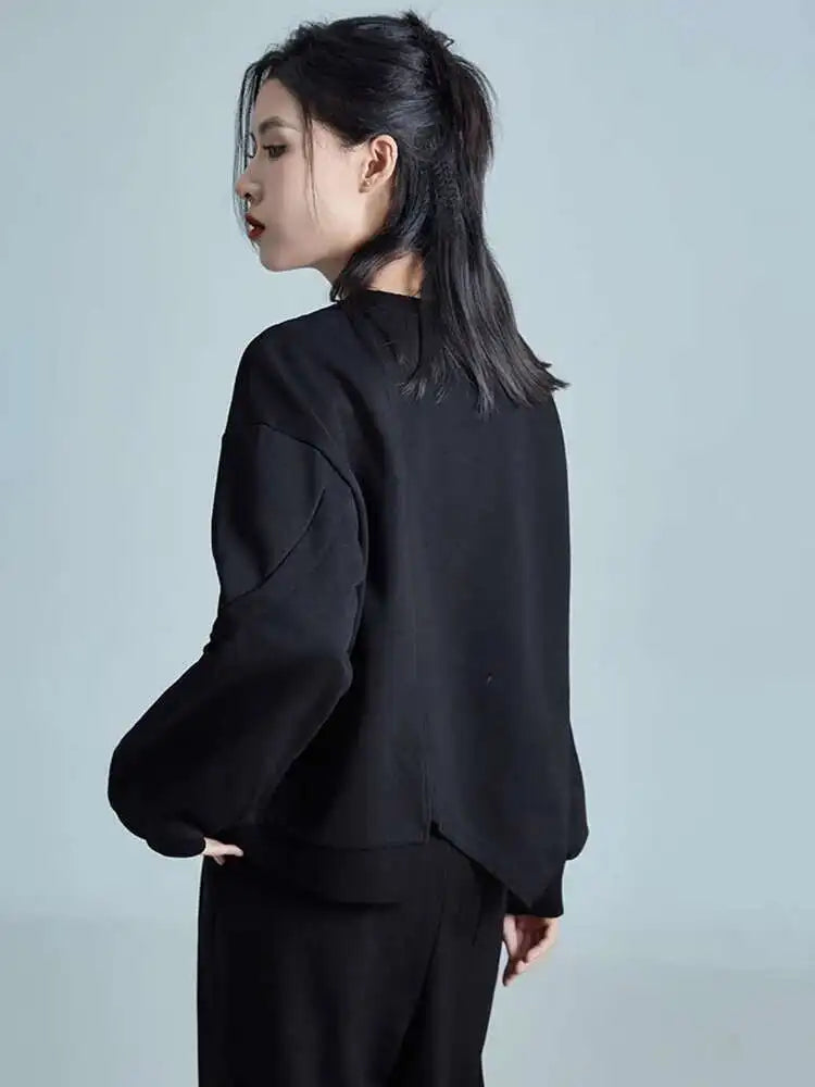 Loose Fit Black Irregular Sweatshirt New Round Neck Long Sleeve Women Big Size Fashion Tide Spring Autumn 2025 1DH1988