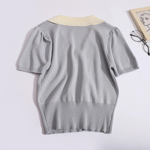 Load image into Gallery viewer, Vintage Women&#39;s Sweet 2024 New Fashion Patchwork Short Sleeve Single Breasted Elegant Knit Tops Summer Lapel Holiday Clothing
