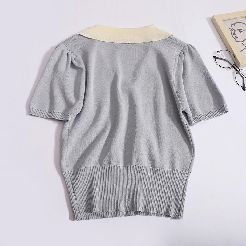 Vintage Women's Sweet 2024 New Fashion Patchwork Short Sleeve Single Breasted Elegant Knit Tops Summer Lapel Holiday Clothing