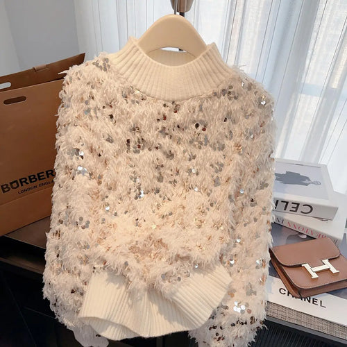 Load image into Gallery viewer, Autumn Winter Sweet Pink Sequins Elegant Round Neck Pullover Short Sweater Women's 2024 New Beige Long Sleeved Loose Knitted Top
