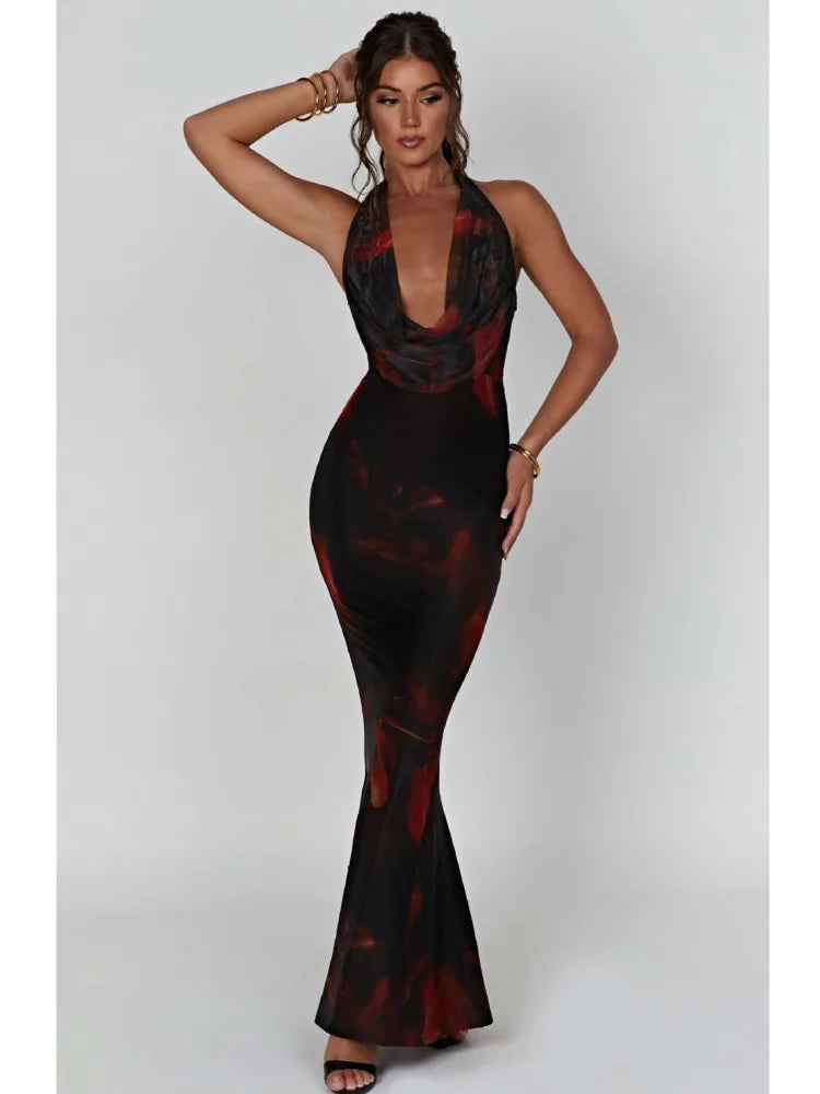 Sexy Sleeveless Deep V Printed Evening Dress For Women 2024Summer Hanging Collar Backless Dress Long Dress Holiday Party