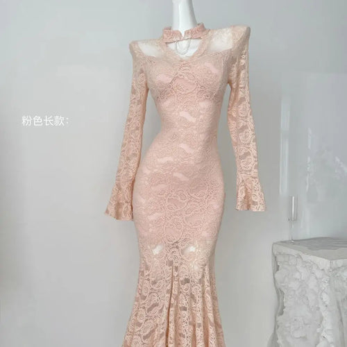 Load image into Gallery viewer, Autumn Chinese Style Black Lace Elegant Hollow Out Prom Gown Fishtail Dress Women Vintage Pink Long Sleeves Party Evening Dress
