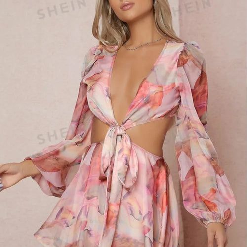 Load image into Gallery viewer, Sexy Deep V-print Long Sleeved Lace Up Women Playsuit Autumn Casual Lantern Sleeve Chiffon Elegant Holiday Party Beach
