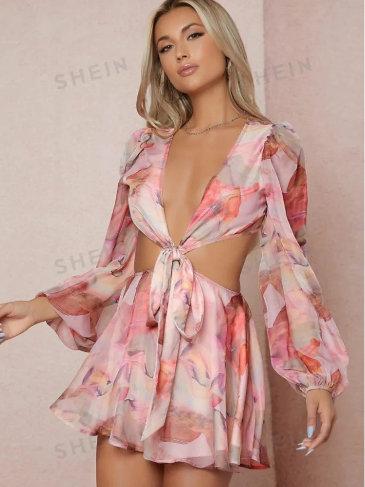 Sexy Deep V-print Long Sleeved Lace Up Women Playsuit Autumn Casual Lantern Sleeve Chiffon Elegant Holiday Party Beach