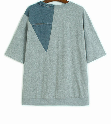 Women Gray Denim Color-block Big Size Casual T-shirt New Round Neck Short Sleeve Fashion Tide Spring Summer 2025 1DJ1354