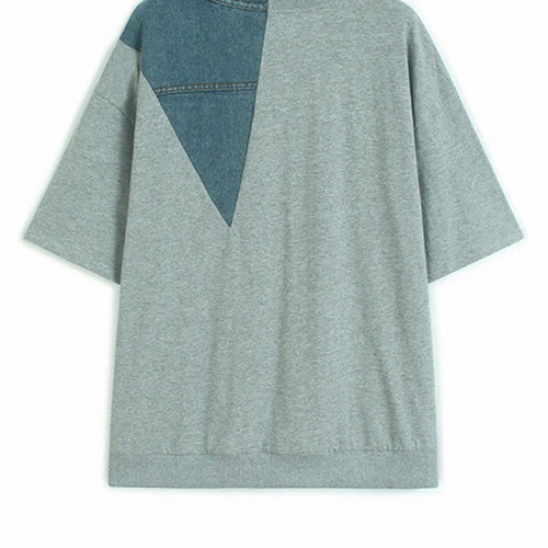 Load image into Gallery viewer, Women Gray Denim Color-block Big Size Casual T-shirt New Round Neck Short Sleeve Fashion Tide Spring Summer 2025 1DJ1354
