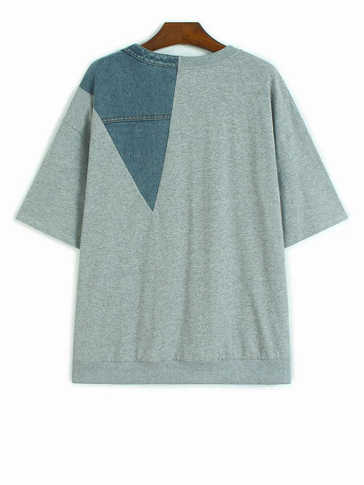 Women Gray Denim Color-block Big Size Casual T-shirt New Round Neck Short Sleeve Fashion Tide Spring Summer 2025 1DJ1354