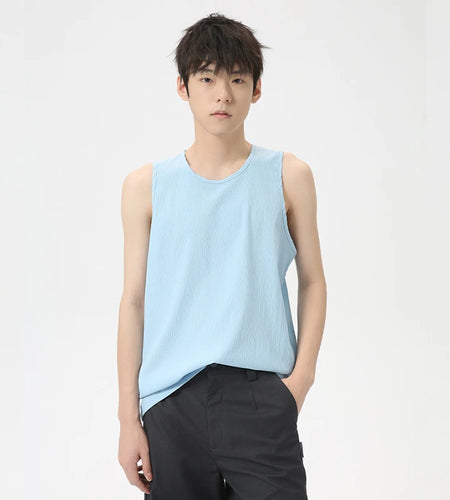 Minimalist Men's Thin Tank Tops Solid Color Casual Round Neck Sleeveless Loose Sport Top Chic Summer 9C6263
