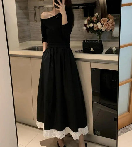 Spring Summer French Fashion Patchwork Lace Elegant Versatile Long Skirt Women Vintage High Waisted Vacation Pleated Half Skirts