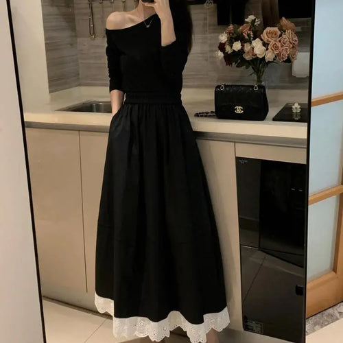 Load image into Gallery viewer, Spring Summer French Fashion Patchwork Lace Elegant Versatile Long Skirt Women Vintage High Waisted Vacation Pleated Half Skirts
