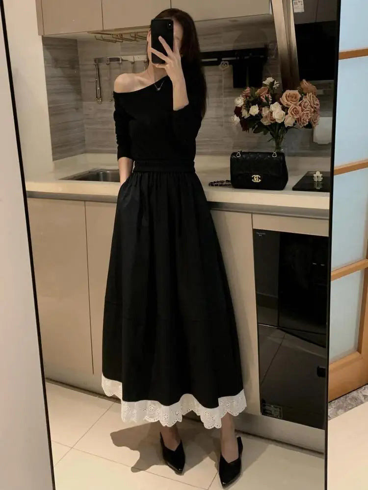 Spring Summer French Fashion Patchwork Lace Elegant Versatile Long Skirt Women Vintage High Waisted Vacation Pleated Half Skirts