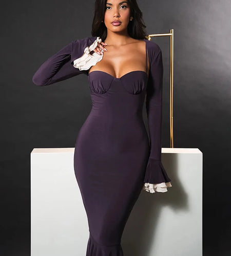 Elegant Long Flared Sleeve Elastic Tight Women Two-piece Set  Autumn/Winter New 2025 Sexy Party Club Evening Dress