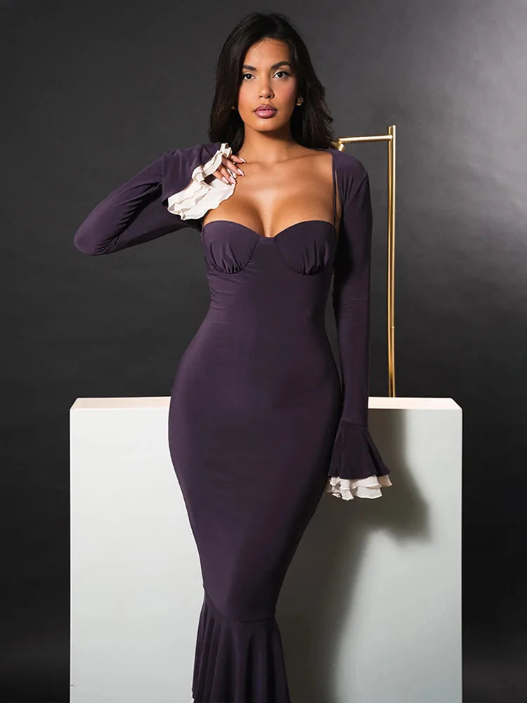 Elegant Long Flared Sleeve Elastic Tight Women Two-piece Set  Autumn/Winter New 2025 Sexy Party Club Evening Dress