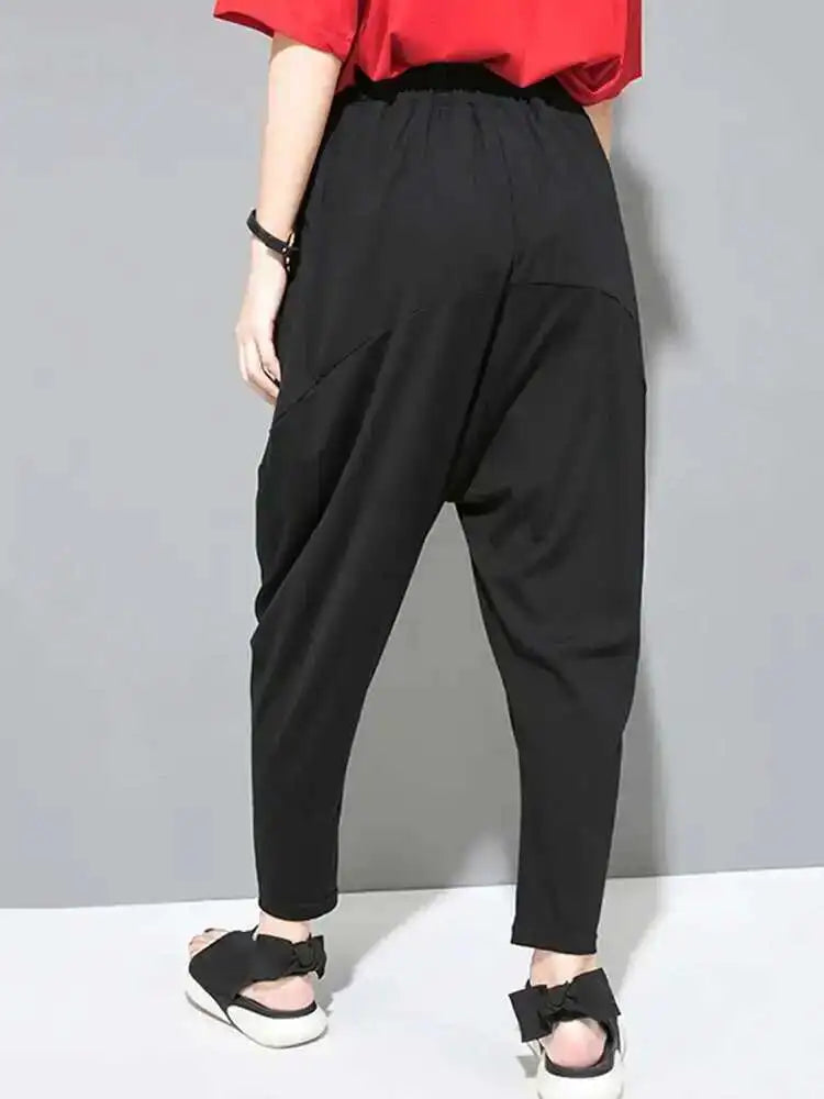 Spring Autumn High Elastic Waist Black Leisure Pocket Stitch Loose Harem Pants Women Trousers Fashion Tide JW997