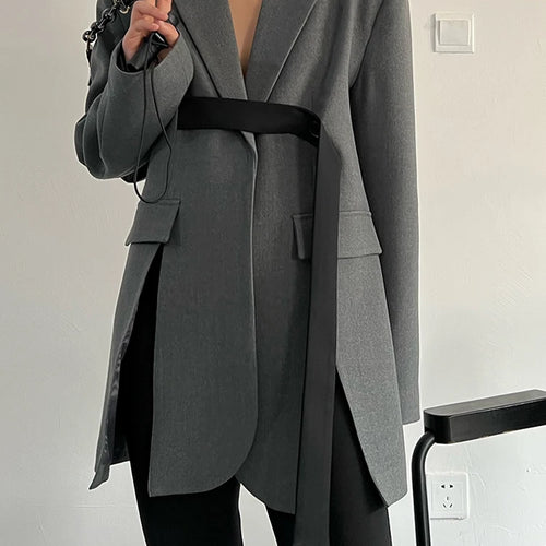Load image into Gallery viewer, Women Gray Ribbon button Slit Elegant Big Size Blazer New Lapel Long Sleeve Jacket Fashion Tide Spring Autumn 2025 5W1003
