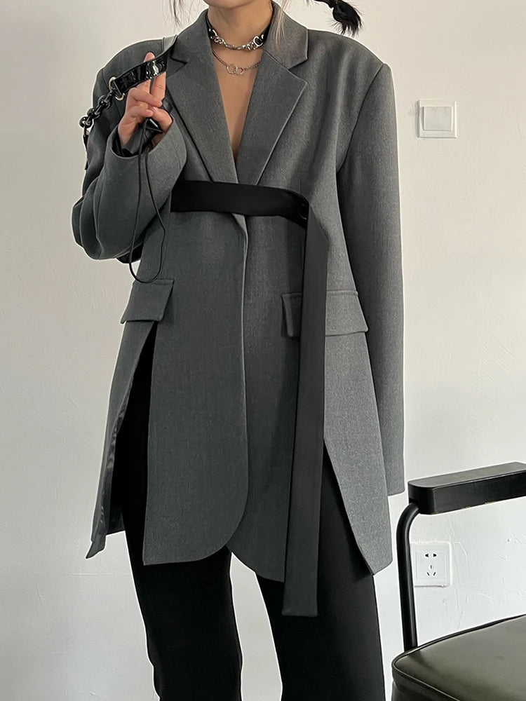 Women Gray Ribbon button Slit Elegant Big Size Blazer New Lapel Long Sleeve Jacket Fashion Tide Spring Autumn 2025 5W1003
