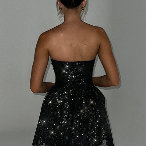 Load image into Gallery viewer, Elegant Strapless Sexy Mini Dress Women Fashion Black Off-shoulder Backless Pleated Sequins Sparkle Club Party Dress
