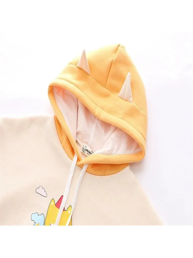 Harakuju Cartoon Fox Print Casual Pullover Hoodies Women Winter Long Sleeve Hooded Sweatshirt Girly Loose Female Fleece Top