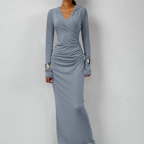 Load image into Gallery viewer, Elegant V Neck Hooded Maxi Dress For Women Autumn Winter New Long Sleeve Bodycon Ruched Fashion Long Dress New
