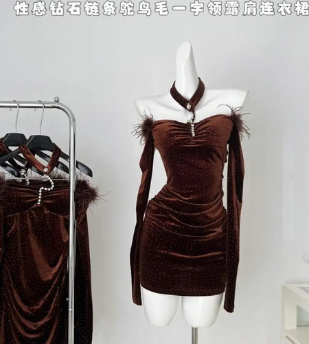 Vintage French Brown Velvet Off Shoulder Halter Evening Dresses Women Autumn Elegant Long Sleeve Backless Party Short Dress Chic