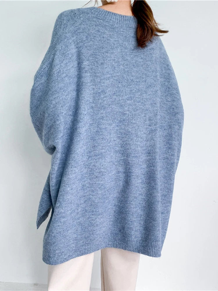 Blue Big Size Knitting Sweater Loose Fit Round Neck Lantern Sleeve Women Pullovers New Fashion Spring Autumn 2025 1DD6061