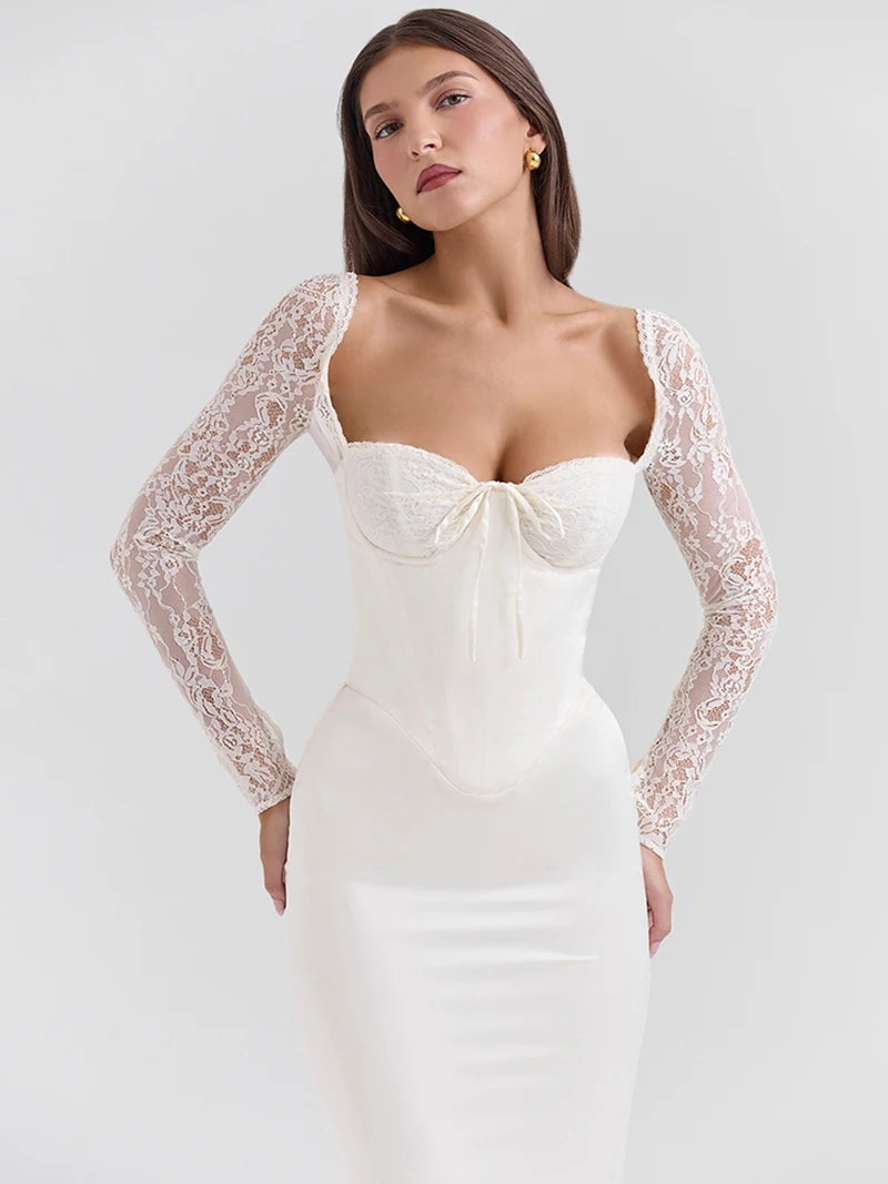 Lace Long Sleeve Sexy Maxi Dress For Women White Square Collar Backless Back Split Bodycon Club Party Long Dress