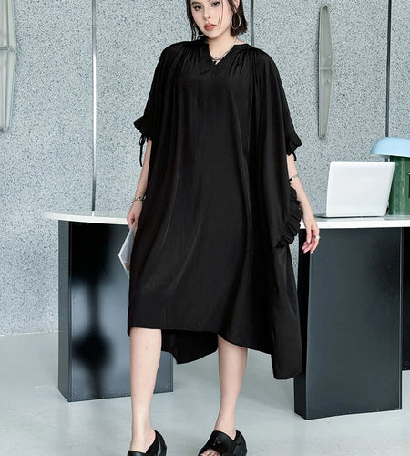 Women Black Bandage Ruffles Big Size Midi Dress New V-Neck Half Batwing Sleeve Fashion Tide Spring Autumn 2025 1DJ1044