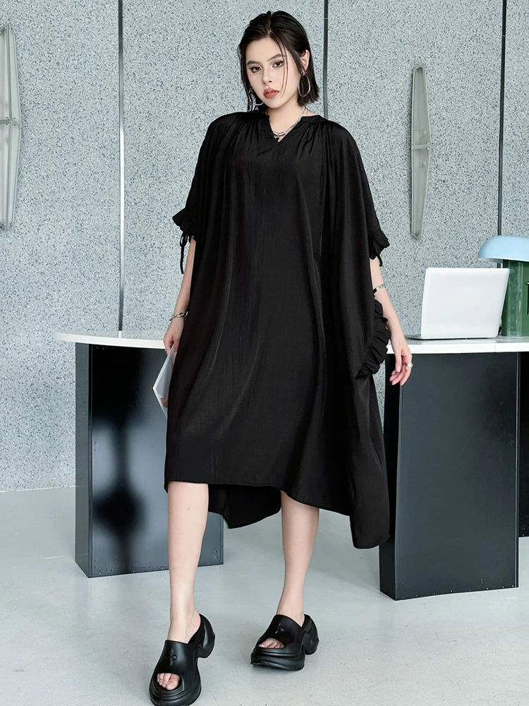 Women Black Bandage Ruffles Big Size Midi Dress New V-Neck Half Batwing Sleeve Fashion Tide Spring Autumn 2025 1DJ1044