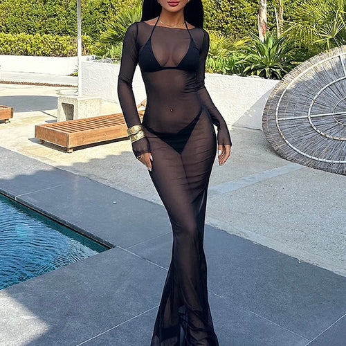 Sexy See Through Gauze Close Fitting Long Dress Basics Solid Color Straight Shoulder Long Sleeve Robe Summer Lady Clothes