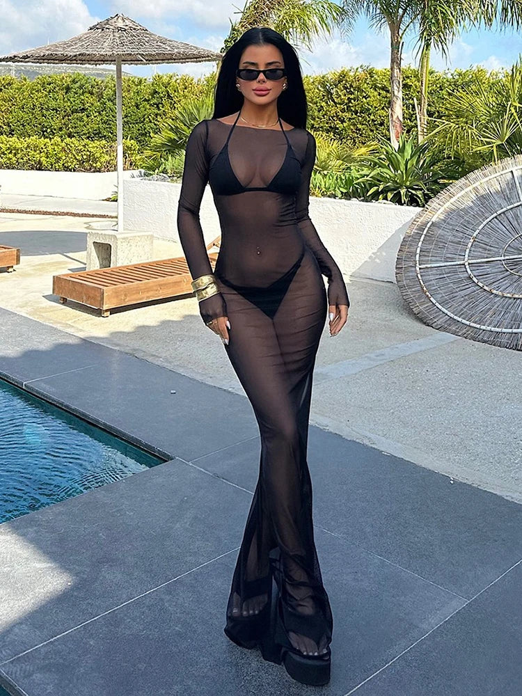 Sexy See Through Gauze Close Fitting Long Dress Basics Solid Color Straight Shoulder Long Sleeve Robe Summer Lady Clothes