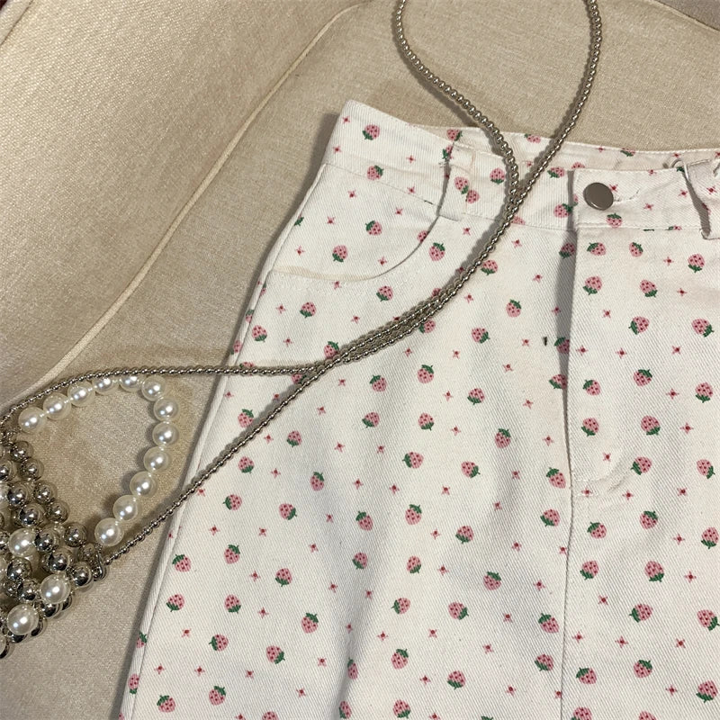 French Summer Women's Sweet Elegant Holiday Slim Wrapped Hip Short Skirt Vintage High Waist Strawberry Print Mini Skirts Fashion