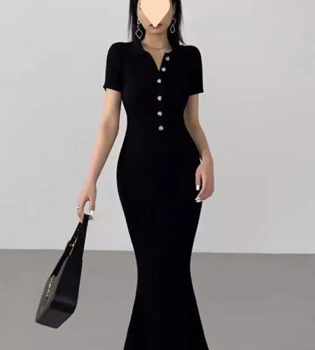 French Fashion Women's Solid Short Sleeved Office Lady Knitted Long Dress Summer Single Breasted Slim Wrap Hip Fishtail Dresses