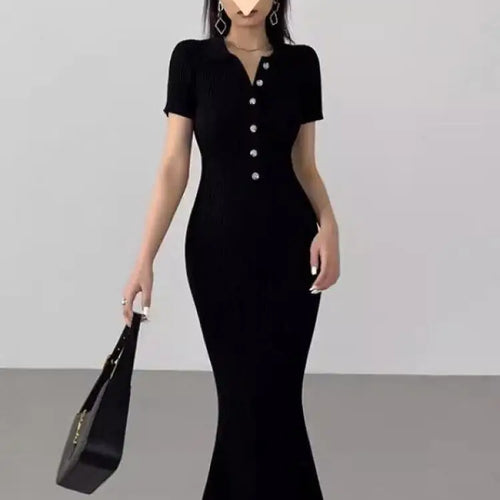 Load image into Gallery viewer, French Fashion Women's Solid Short Sleeved Office Lady Knitted Long Dress Summer Single Breasted Slim Wrap Hip Fishtail Dresses
