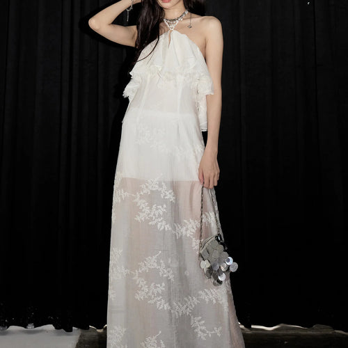 Load image into Gallery viewer, Women White Embroidery Perspective Elegant Long Dress New Halter Sleeveless Fashion Tide Spring Summer 2025 1DJ1448
